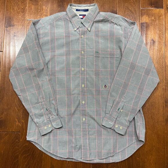 Tommy Hilfiger Vintage Y2K Button Front Grey Red Cotton Shirt Men's Size Large - Picture 4 of 10